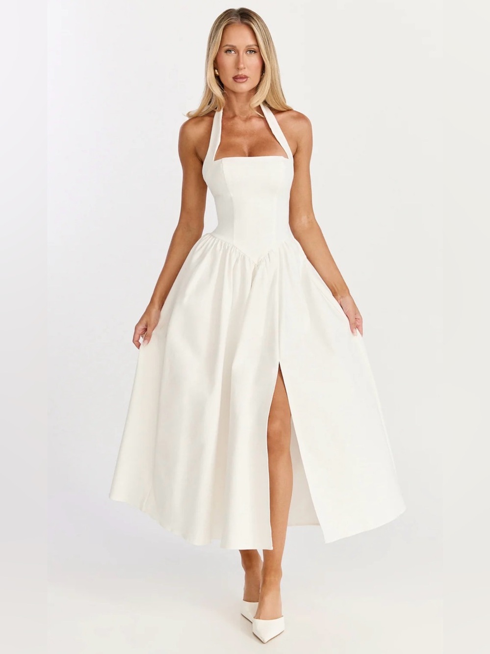 NWT Showpo HELDA White Halter Midi Dress with Front Slit size 8